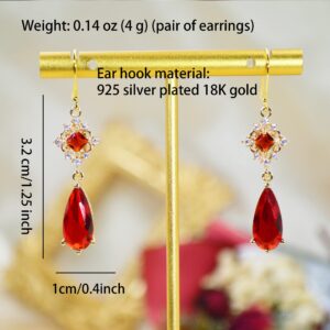 MOMOCAT 18K Gold Plated Artificial Ruby Red Teardrop Earrings for Women Dangle Vintage Jewelry Statement Chandelier Dangling Christmas Art Deco Crystal Unique Antique Hook Warrings for Women