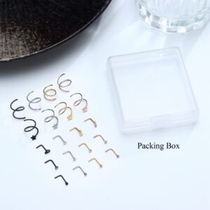 ZELORES 20Pcs 20G Double Hoop Nose Ring L Shaped Nose Studs 316L Stainless Steel Piercing Jewelry Small Nose Studs Spiral Nose Rings for Women Men Silver Rose Gold Balck (Set1)