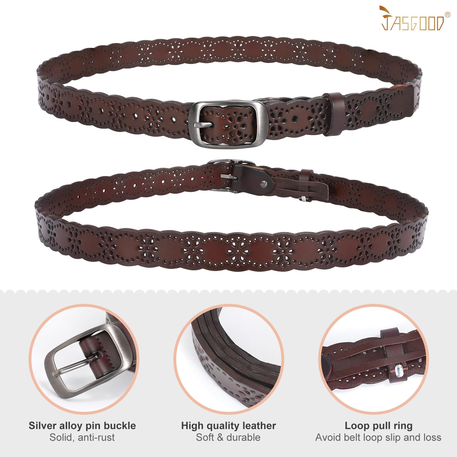 JASGOOD Women Hollow Flower Leather Belt for Jeans Pants Soft Leather Belt with Solid Pin Buckle(Coffee, Fit Waist Size 29-33 Inches)