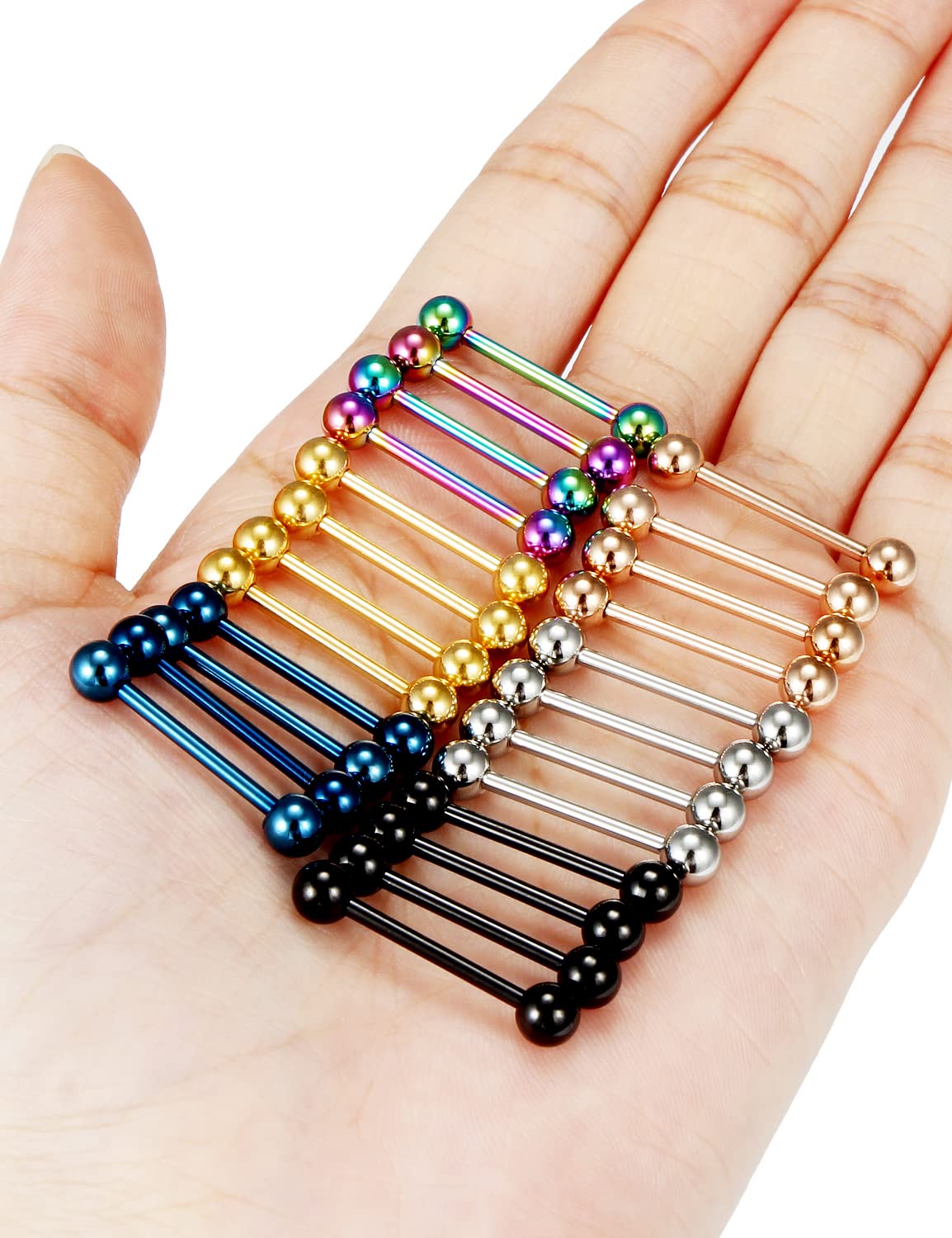 Oufksiyy 24pc 14G 16G Mixed color surgical Stainless Steel Straight Barbell Tongue Rings Bars Piercing 5/8" Length 16mm 9/16 inch 14mm 1/2inch 12mm Nipple RIngs Tongue Piercing Jewelry For Women Men