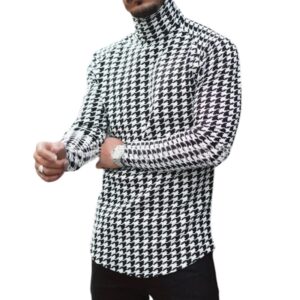 Mens Fashion T-Shirts Turtleneck Underwear Plaid Houndstooth Thermal Long Sleeve Undershirts Slim Fit Shirts White