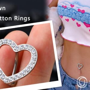 OUFER Titanium Belly Button Rings, Heart Shaped Reverse Belly Ring, Paved CZ Crystal Top-Down Belly Button Piercing, 14G Navel Rings for Women Men…