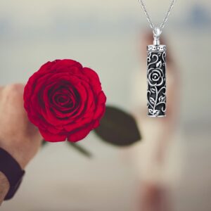 Rose Flower Urn Necklaces Cylinder Bar Urn Necklace for Ashes 925 Sterling Silver Pendant Necklace Keepsake for Ashes Memory Keepsake Cremation Jewelry for Women (Cylinder Rose)