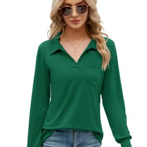 Women's Long Sleeve Polo Shirts V Neck Collared Work Tops Business Casual Tunic Blouse Pocket Green M