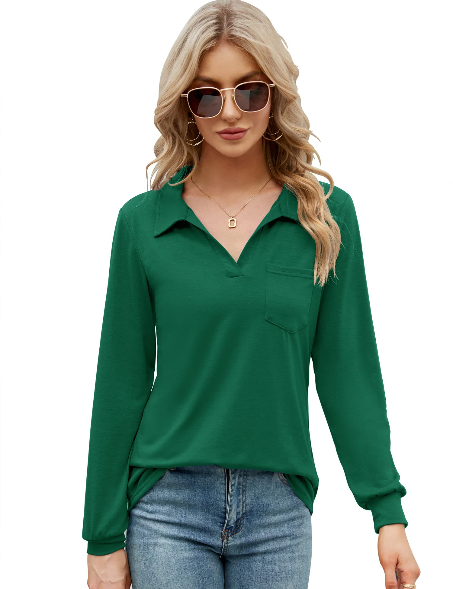 Women's Long Sleeve Polo Shirts V Neck Collared Work Tops Business Casual Tunic Blouse Pocket Green M