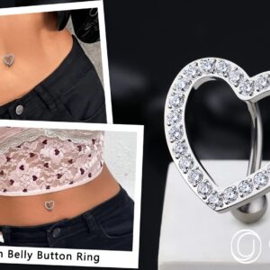 OUFER Titanium Belly Button Rings, Heart Shaped Reverse Belly Ring, Paved CZ Crystal Top-Down Belly Button Piercing, 14G Navel Rings for Women Men…