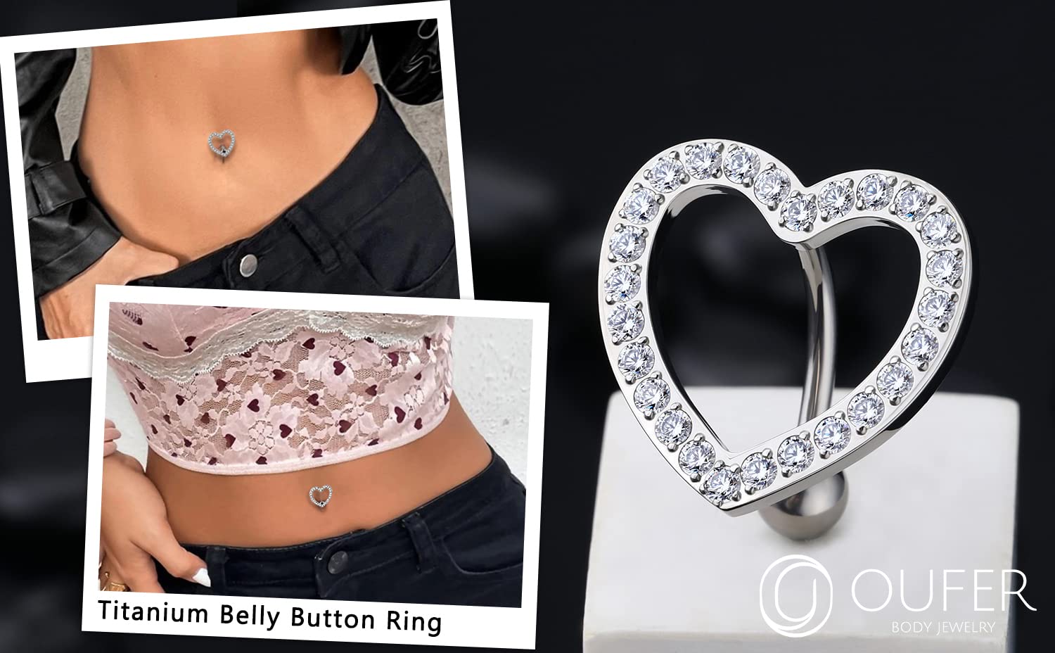 OUFER Titanium Belly Button Rings, Heart Shaped Reverse Belly Ring, Paved CZ Crystal Top-Down Belly Button Piercing, 14G Navel Rings for Women Men…