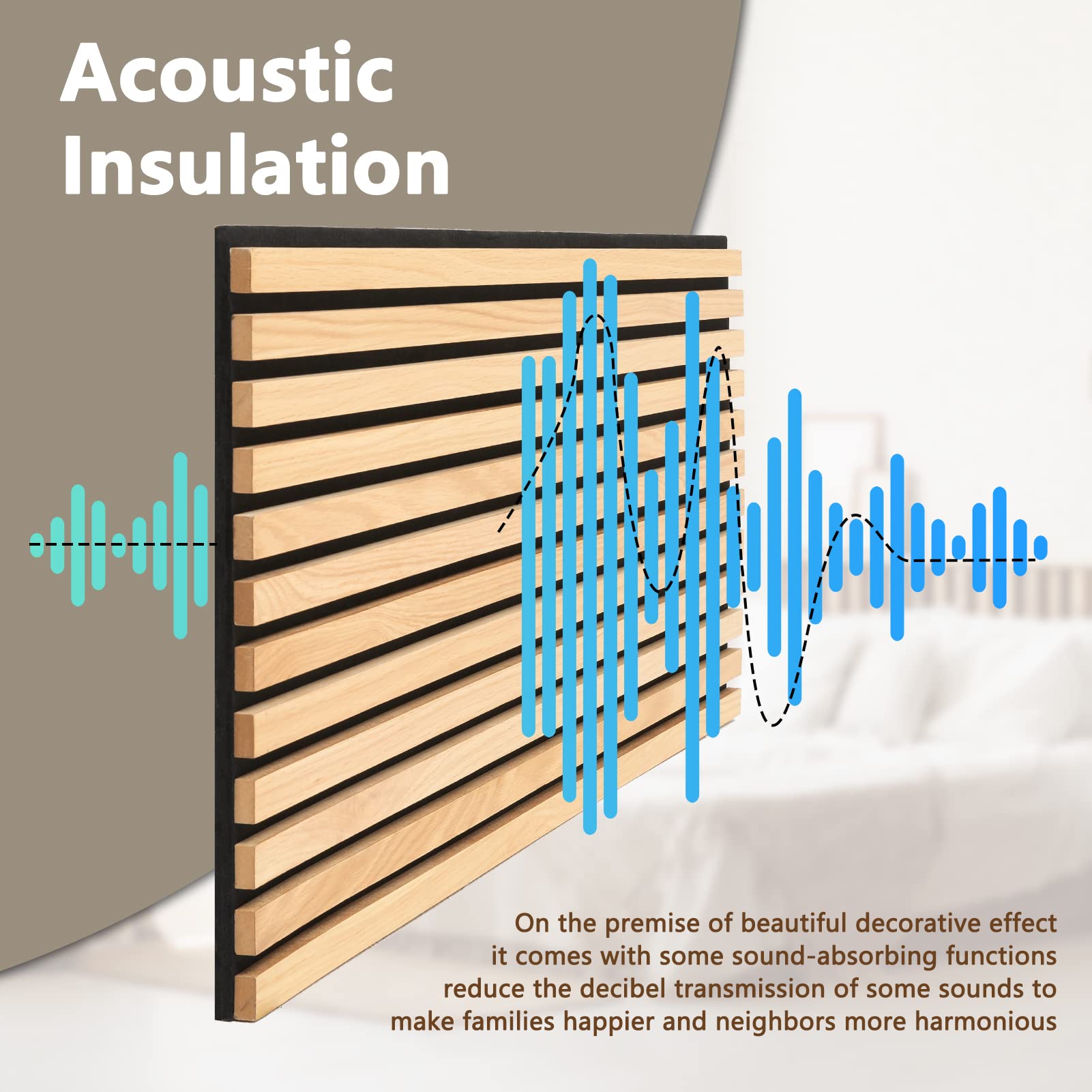 Acoustic Wood Slat Wall Panels for Interior Wall Decor | Soundproof Wall Panels | 3D Slat Wood Panels | Bedroom Sound Absorption Decor | 43.3” x 18.9” Each | Natural Oak (Oil Painted) - 2 PCS