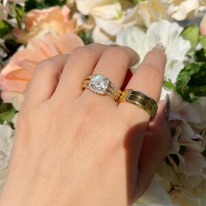 YOYEEWYNS Couples Rings His Hers Women's Halo CZ Engagement 18K Gold Filled Bridal Ring Sets & Men's Titanium Wedding Band 8&7