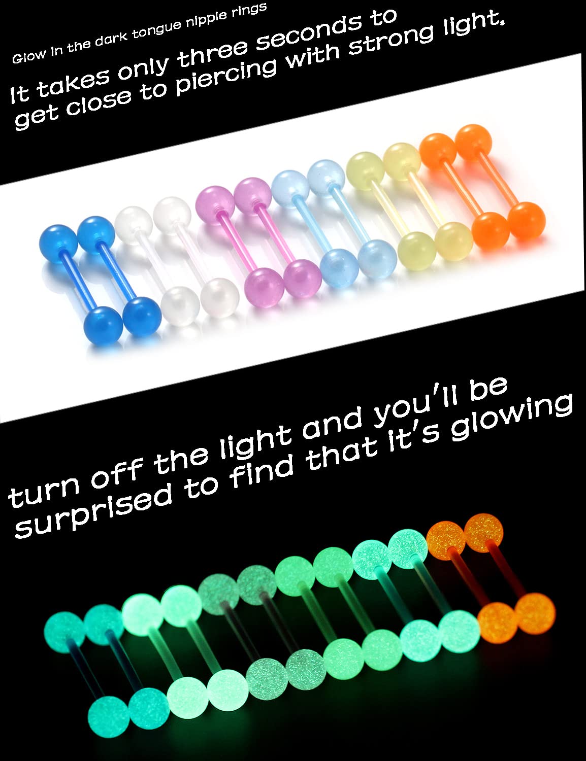 Oufksiyy 14G 16mm Glow in Dark Flexible Acrylic Straight Tongue Rings Plastic Nipple Ring Retainer Body Piercing Jewelry for Women Men 24PCS(12Pairs 14 gauge Piercings