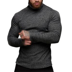 turetrendy men's stretch muscle tshirts turtleneck long sleeve knit tees casual slim fit basic shirt tops dark gray m