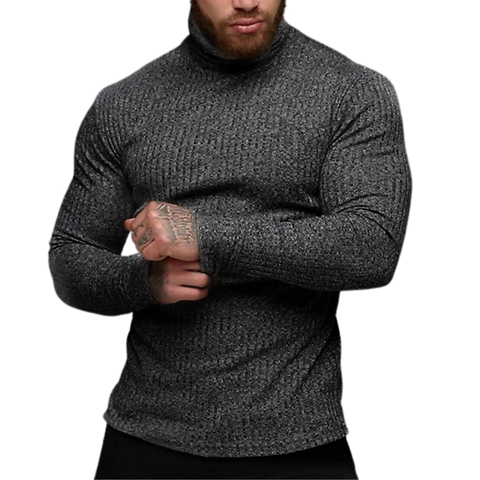 TURETRENDY Men's Stretch Muscle Tshirts Turtleneck Long Sleeve Knit Tees Casual Slim Fit Basic Shirt Tops Dark Gray M