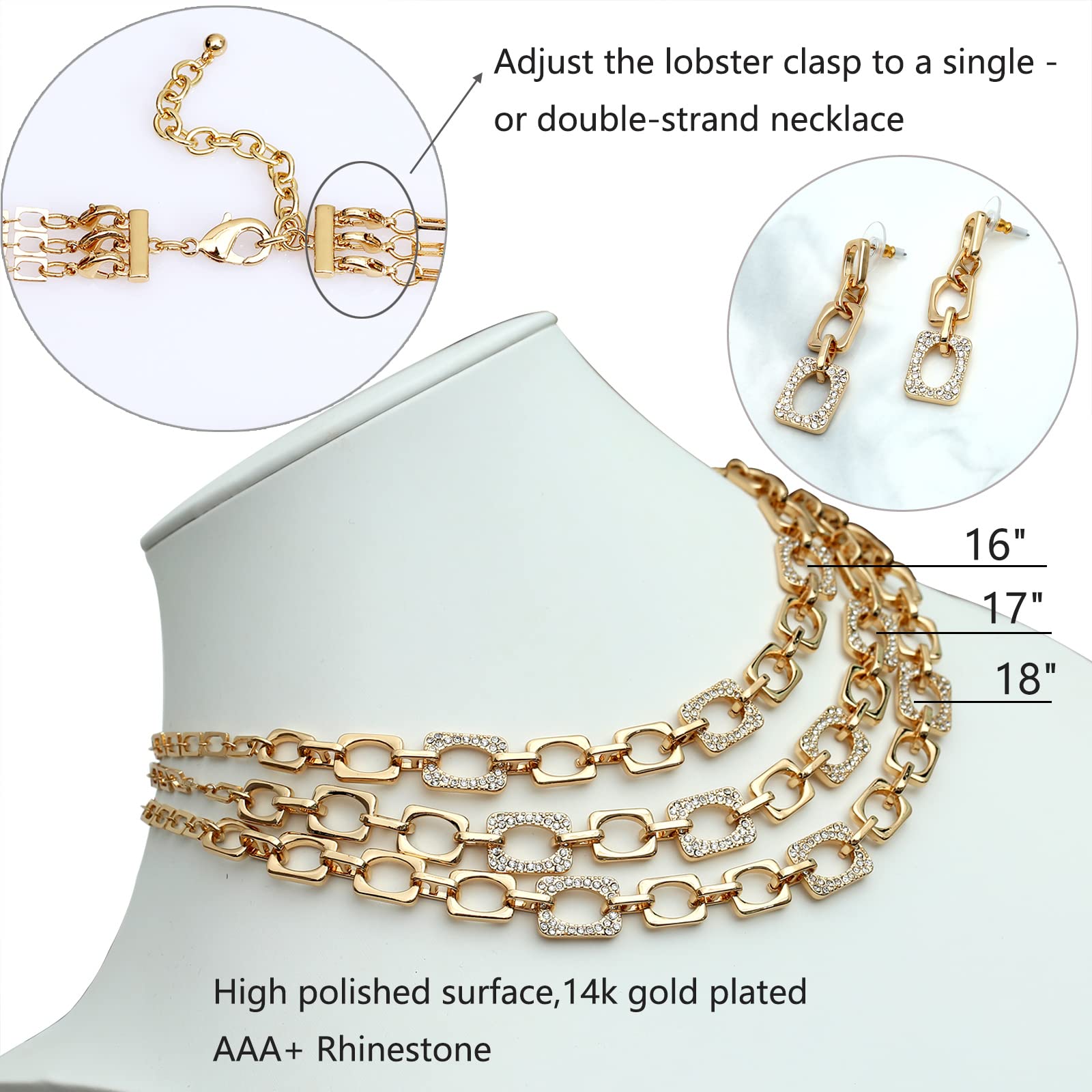 S SUSANN Chunky Collar Choker Necklace Costume Jewelry Sets for Women,Multilayered Square Link Chain Necklace and Earrings Set Perfect for Parties Weddings and Festivals