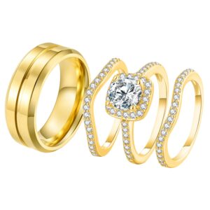 YOYEEWYNS Couples Rings His Hers Women's Halo CZ Engagement 18K Gold Filled Bridal Ring Sets & Men's Titanium Wedding Band 8&7