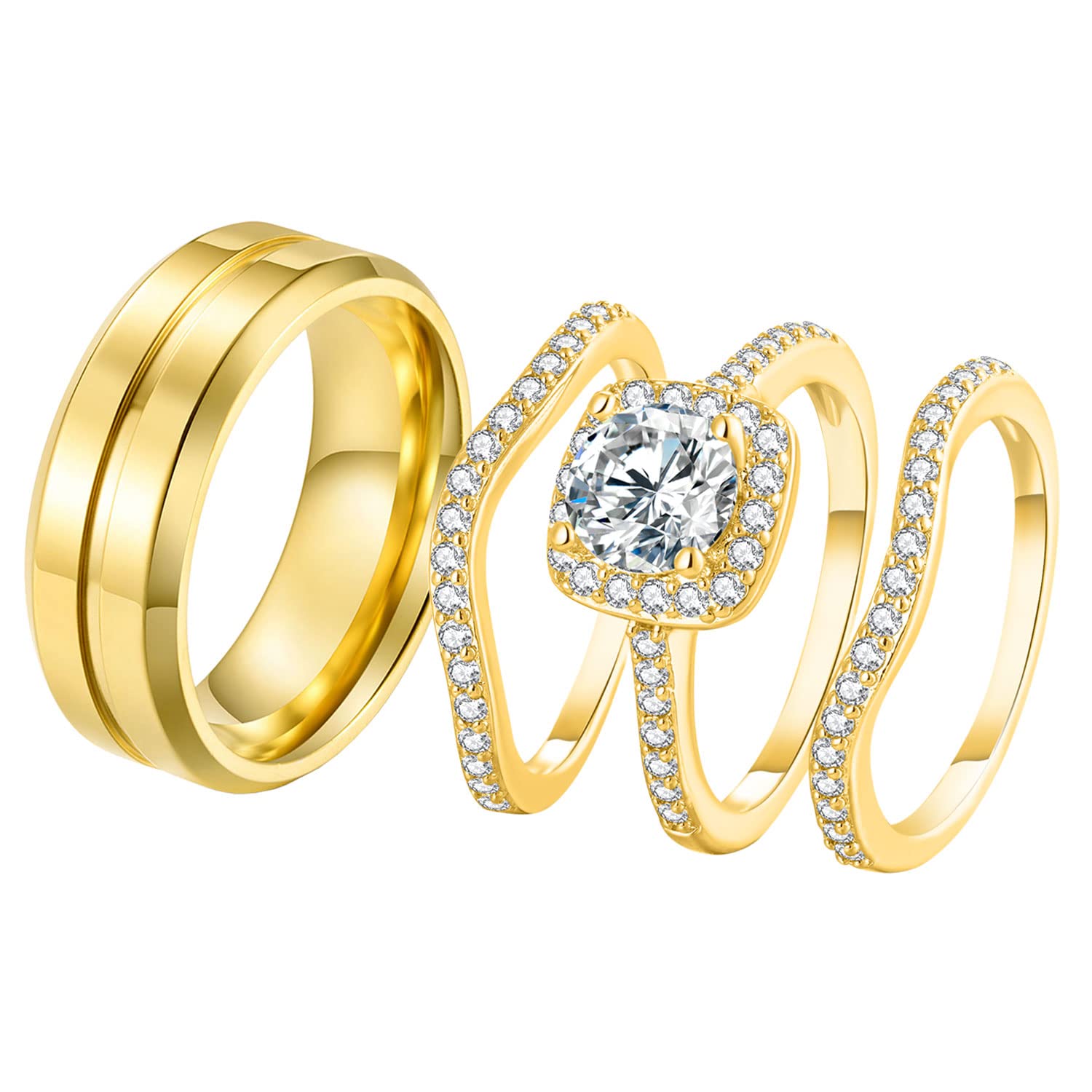 YOYEEWYNS Couples Rings His Hers Women's Halo CZ Engagement 18K Gold Filled Bridal Ring Sets & Men's Titanium Wedding Band 8&7