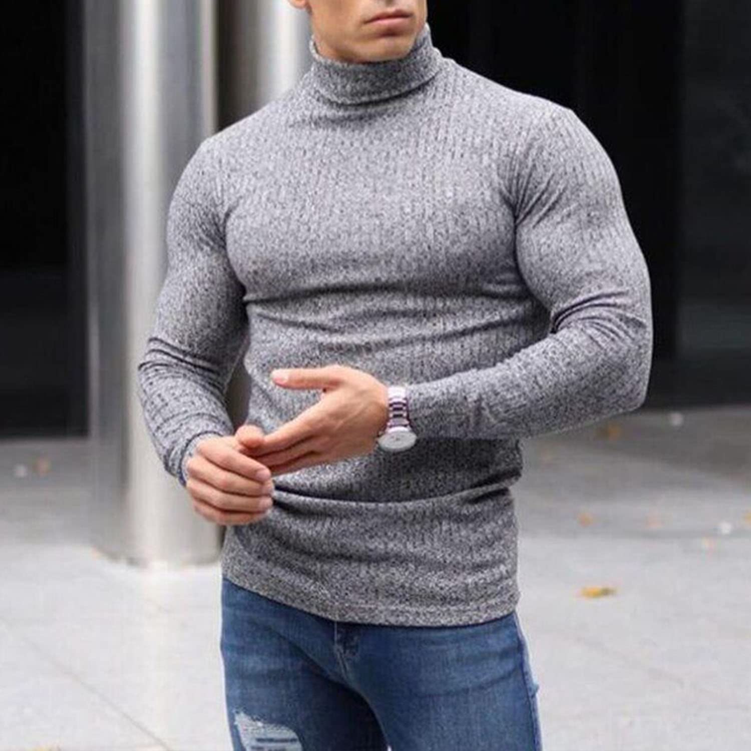 TURETRENDY Men's Stretch Muscle Tshirts Turtleneck Long Sleeve Knit Tees Casual Slim Fit Basic Shirt Tops Gray S