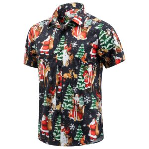 ENVMENST Men's Christmas Button Down Shirt Santa Party Short Sleeve Holiday Casual Hawaiian Shirts(Santa C404,L)