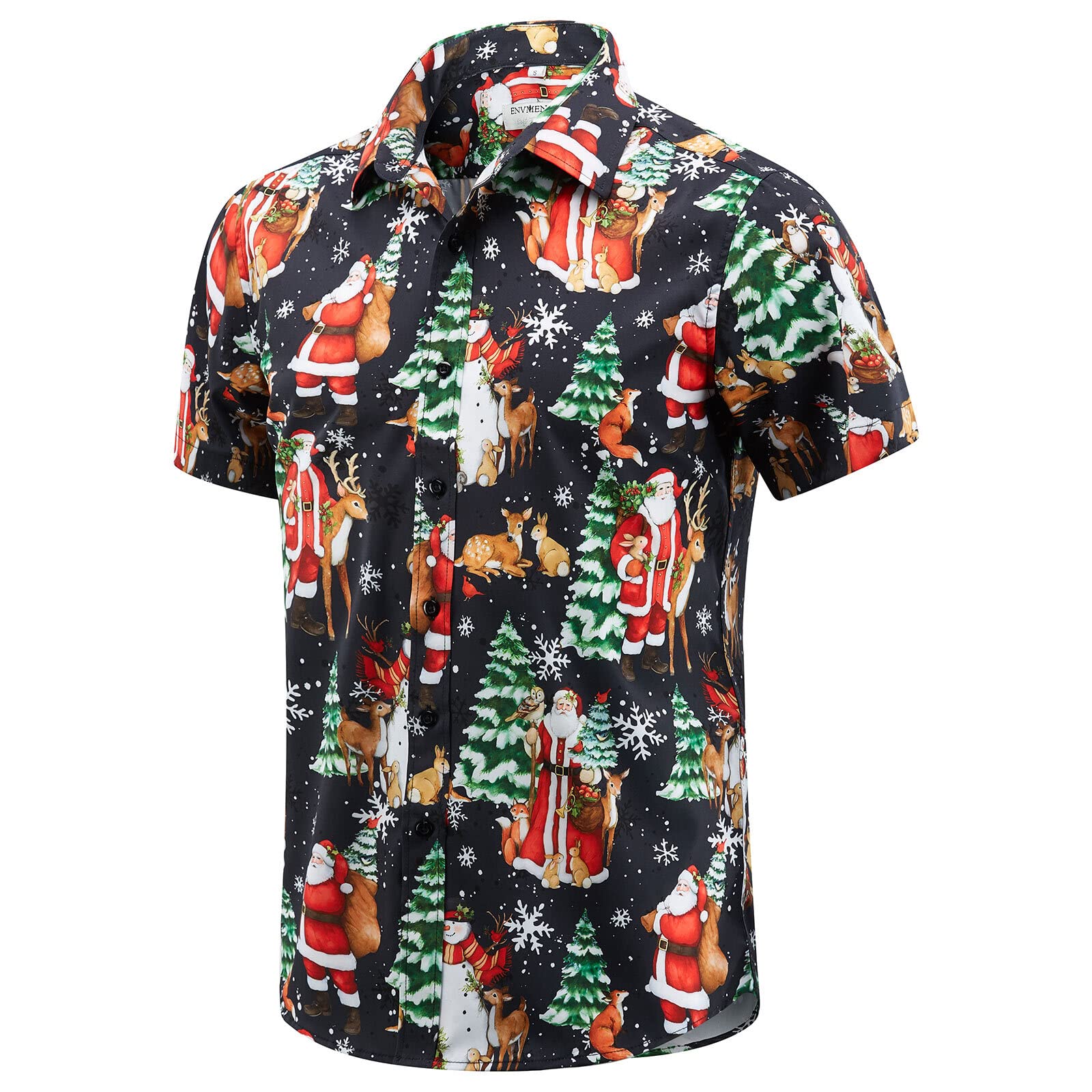 ENVMENST Men's Christmas Button Down Shirt Santa Party Short Sleeve Holiday Casual Hawaiian Shirts(Santa C404,L)