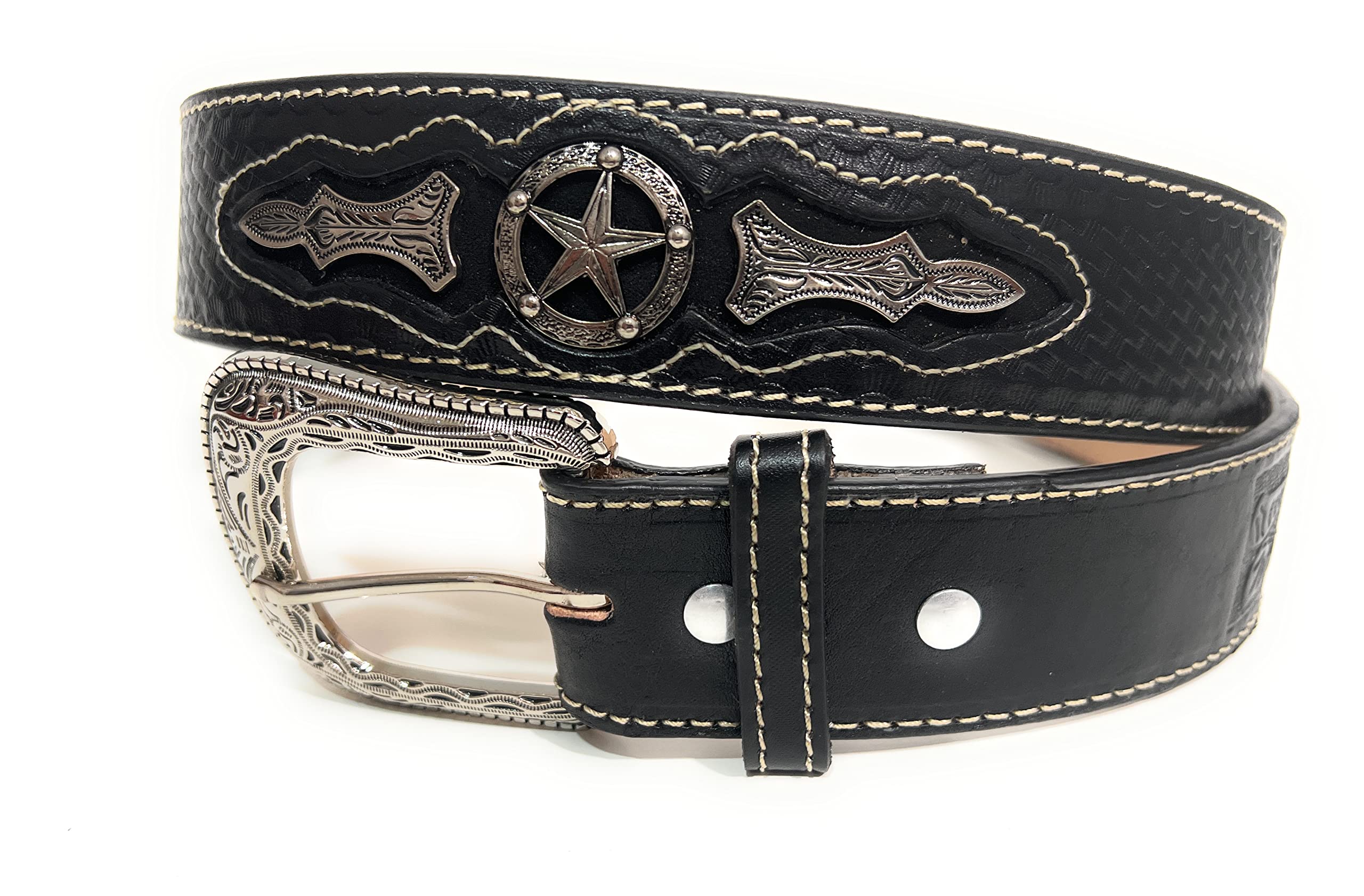 1 3/4" Wide Genuine Leather Western Style Leather Belt, Cowboy Rodeo Concho Ranger Style Belt (Black, 34)