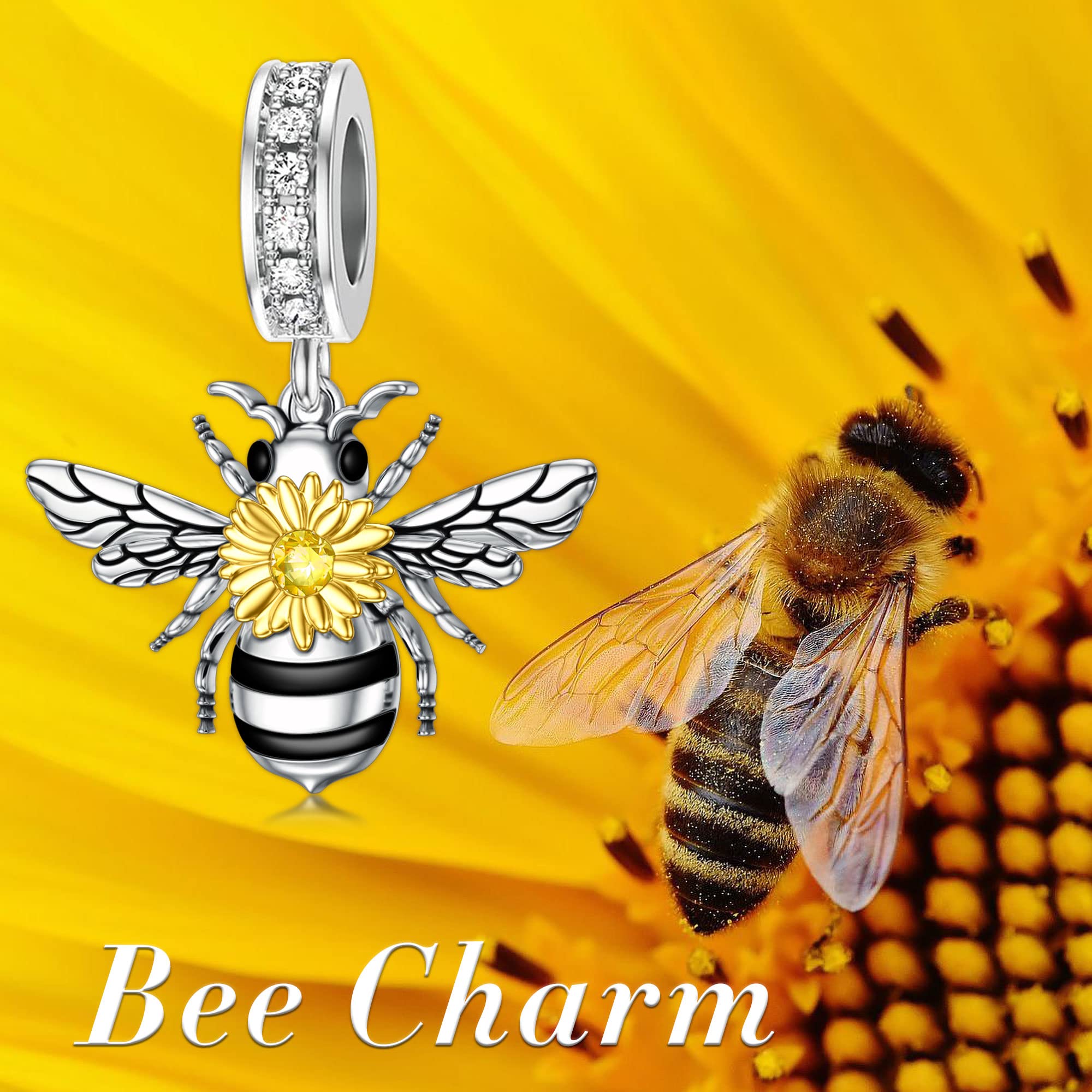 PELOVNY Spacer Bee Charm 925 Sterling Silver Queen Bumble Bee Bead with Sunflower Honeycomb Bracelet Jewelry Gifts for Women Birthday Christmas Halloween