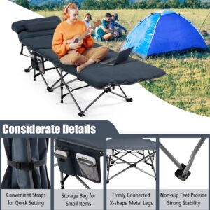 Goplus Camping Cot, Folding Camping Cot with Mattress, Pillow, Carry Bag, Storage Pocket, Camping Bed Military Cot for Home Office Nap Hiking, Heavy-Duty Portable Sleeping Cot for Adults Kids (Blue)