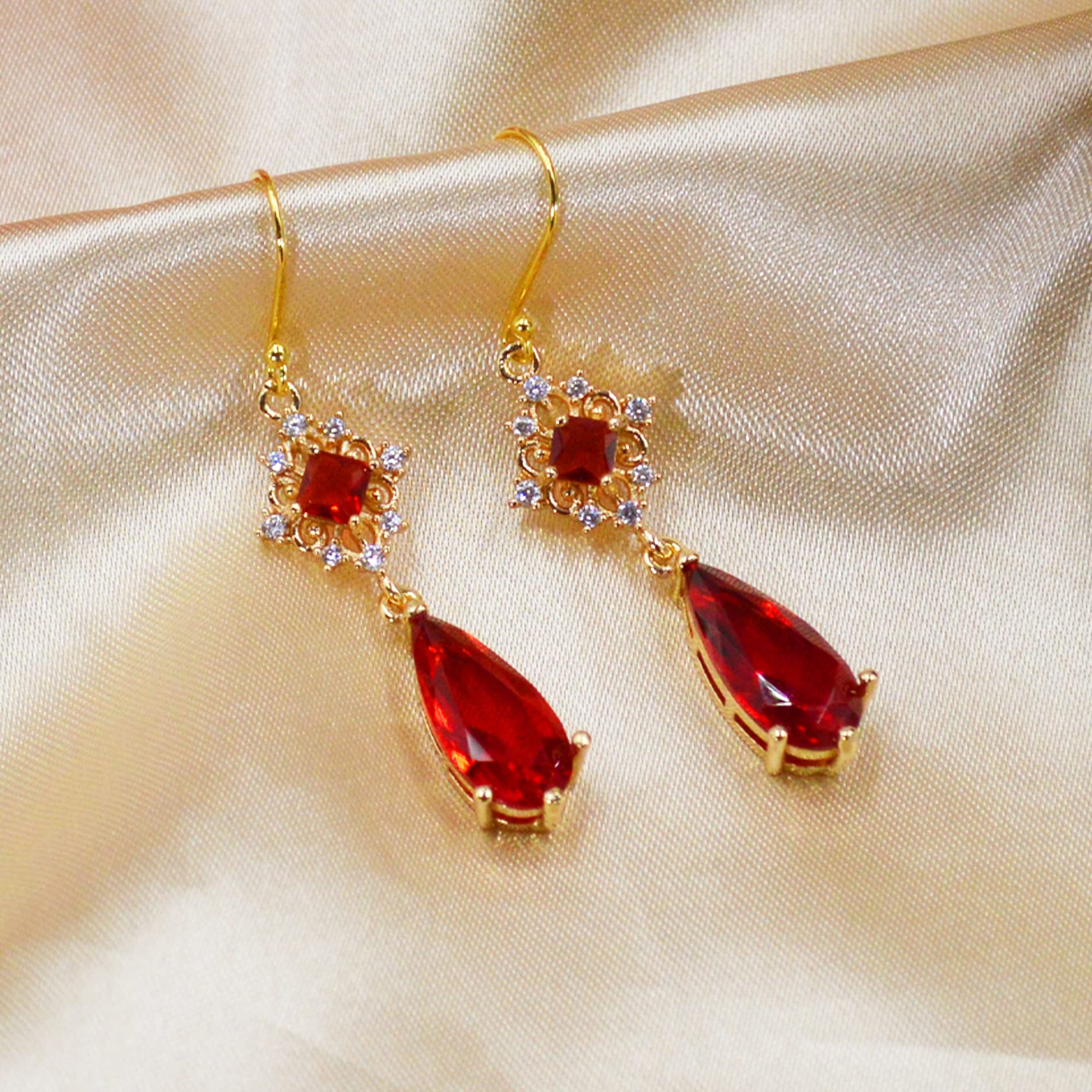 MOMOCAT 18K Gold Plated Artificial Ruby Red Teardrop Earrings for Women Dangle Vintage Jewelry Statement Chandelier Dangling Christmas Art Deco Crystal Unique Antique Hook Warrings for Women