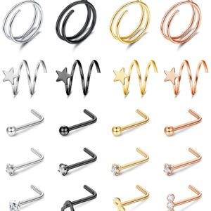 ZELORES 20Pcs 20G Double Hoop Nose Ring L Shaped Nose Studs 316L Stainless Steel Piercing Jewelry Small Nose Studs Spiral Nose Rings for Women Men Silver Rose Gold Balck (Set1)