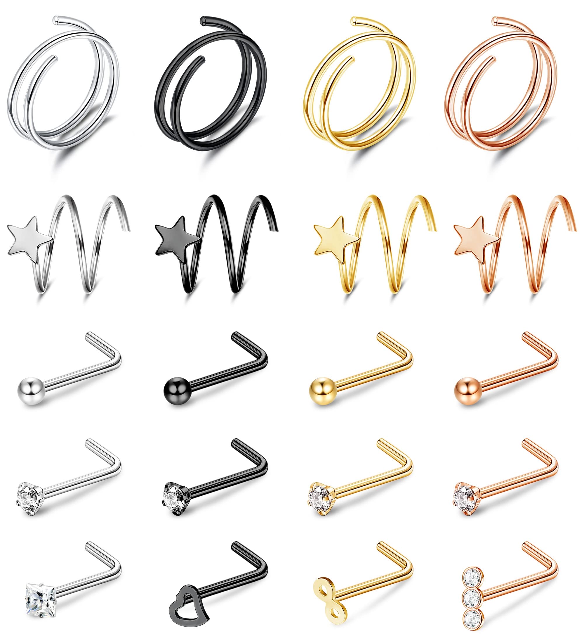 ZELORES 20Pcs 20G Double Hoop Nose Ring L Shaped Nose Studs 316L Stainless Steel Piercing Jewelry Small Nose Studs Spiral Nose Rings for Women Men Silver Rose Gold Balck (Set1)