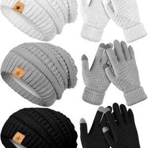 6 Pcs Winter Hats Gloves Set, 3 Pcs Winter Knitted Hats and 3 Pairs Warm Touchscreen Gloves for Women and Men Outdoor (Black, Gray, White)