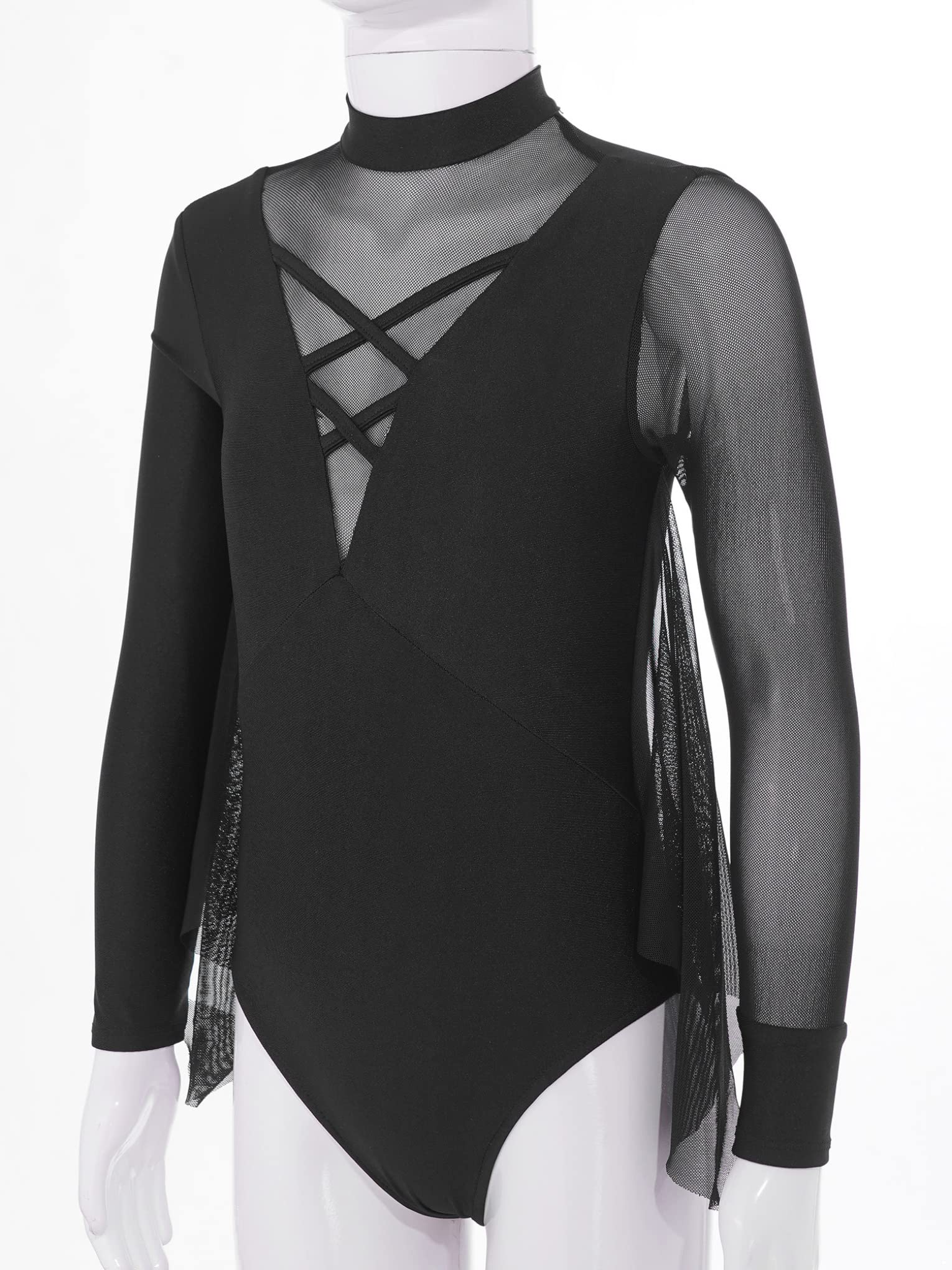 JanJean Kids Girls One Piece Gymnastic Ballet Dance Leotard Long Sleeve Mesh Wings Cape Leotard Athletic Gym Yoga Bodysuit Black 16 Years