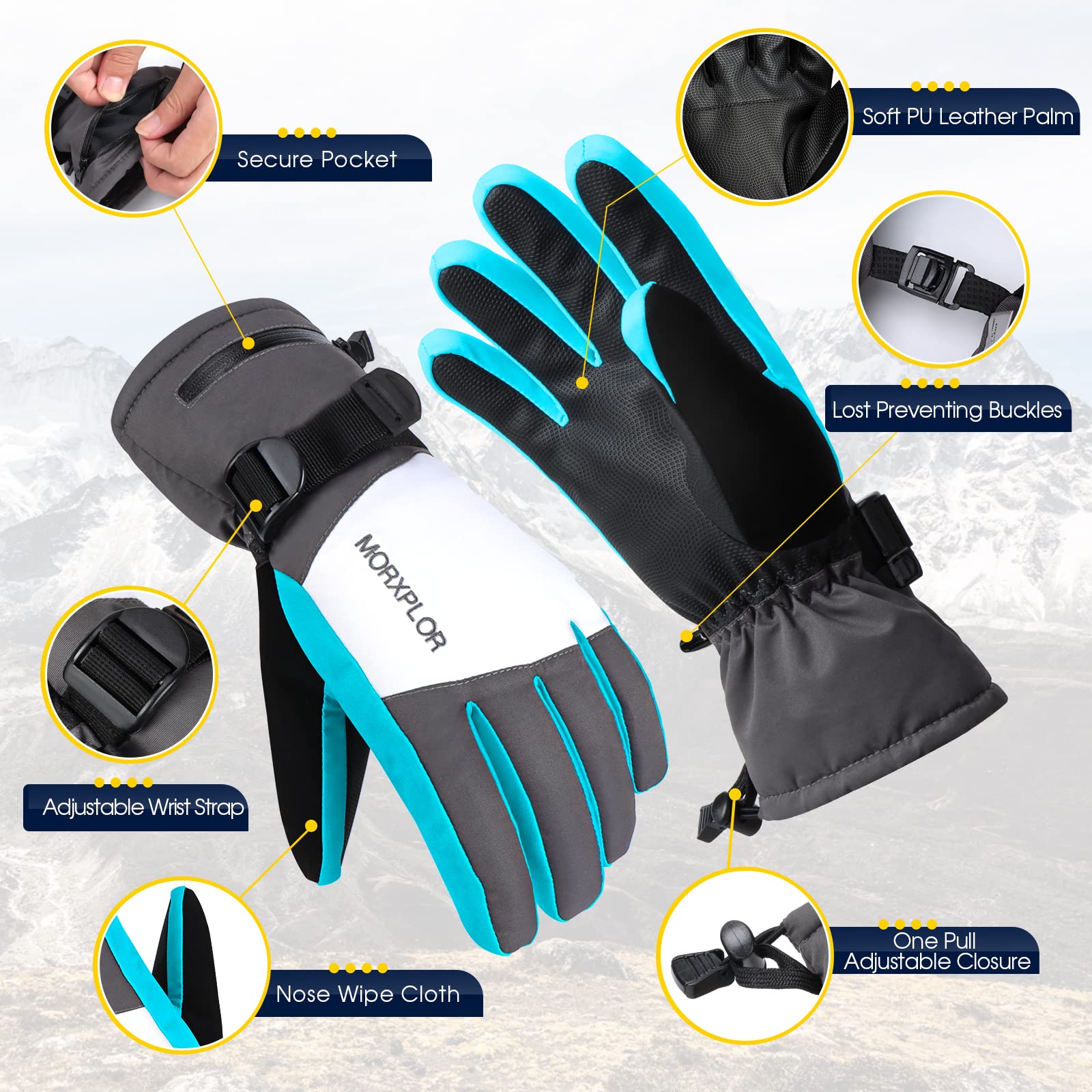 MORXPLOR Ski Snow Gloves for Men Women,3M Thinsulate Insulated Warm Winter Snowboard Gloves,Waterproof Windproof Winter Touchscreen Snowmobile Gloves for Cold Weather