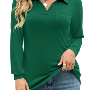 Women's Long Sleeve Polo Shirts V Neck Collared Work Tops Business Casual Tunic Blouse Pocket Green M