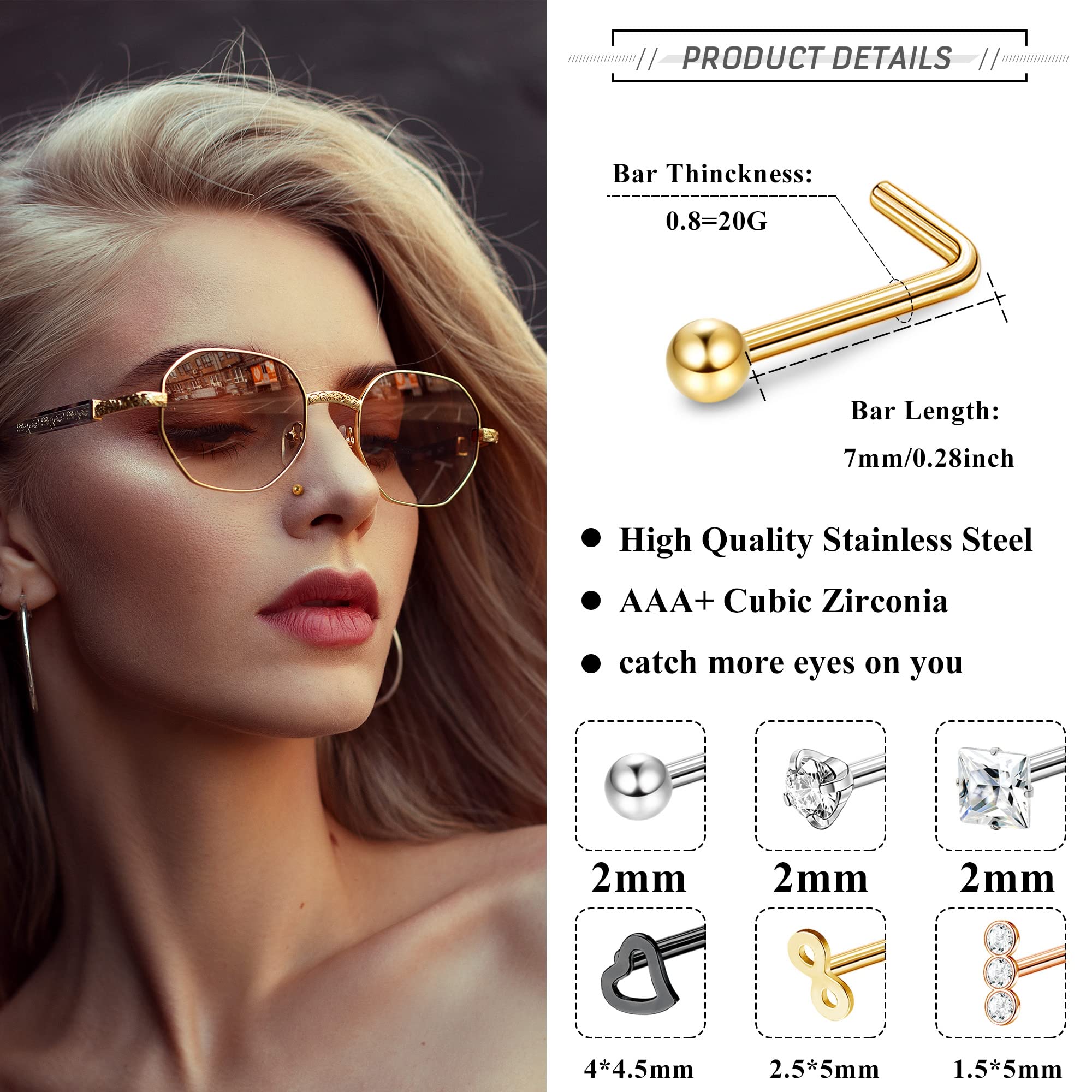 ZELORES 20Pcs 20G Double Hoop Nose Ring L Shaped Nose Studs 316L Stainless Steel Piercing Jewelry Small Nose Studs Spiral Nose Rings for Women Men Silver Rose Gold Balck (Set1)