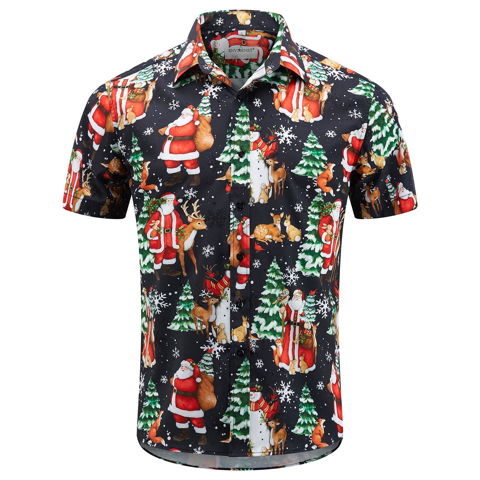 ENVMENST Men's Christmas Button Down Shirt Santa Party Short Sleeve Holiday Casual Hawaiian Shirts(Santa C404,L)