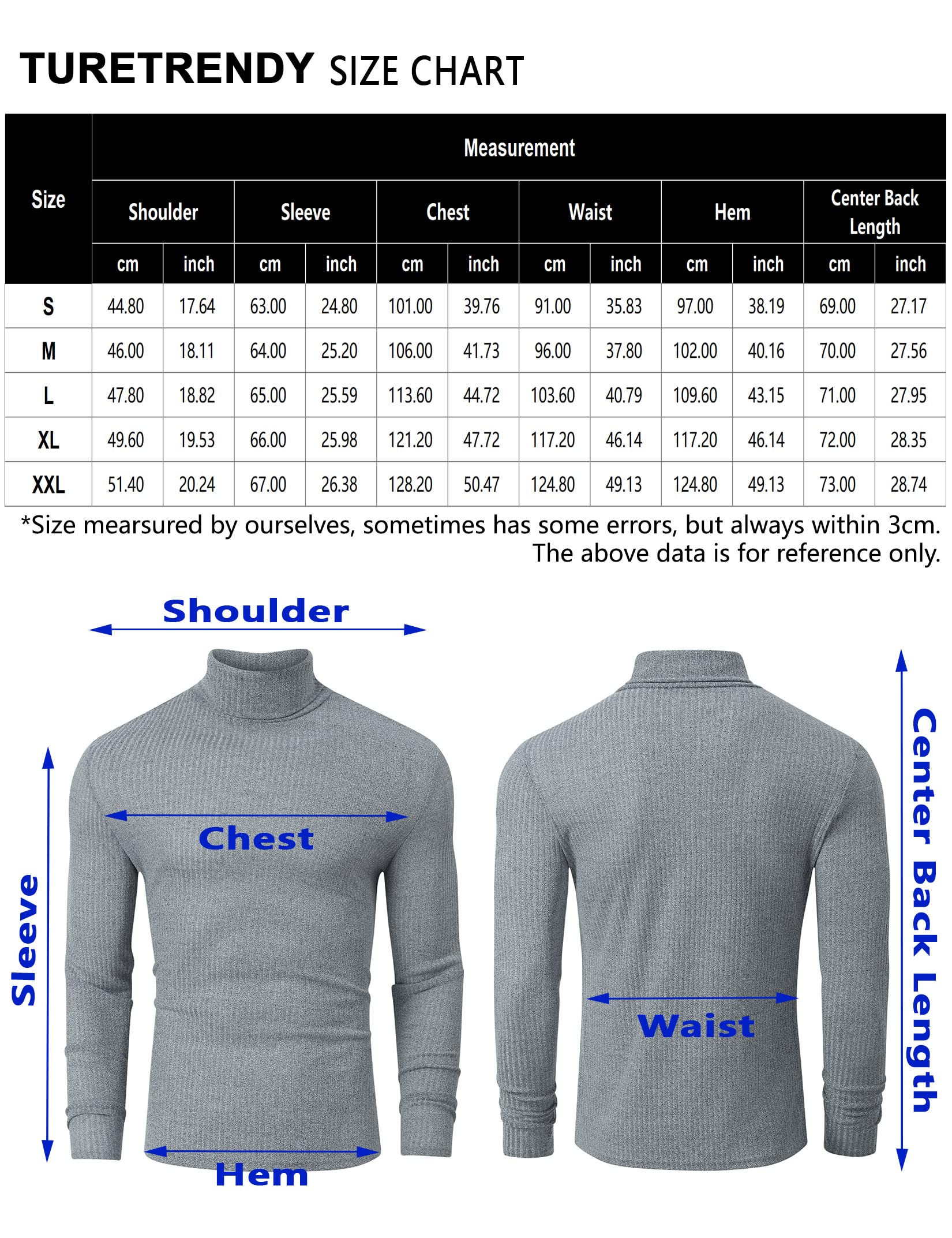 TURETRENDY Men's Stretch Muscle Tshirts Turtleneck Long Sleeve Knit Tees Casual Slim Fit Basic Shirt Tops Gray S