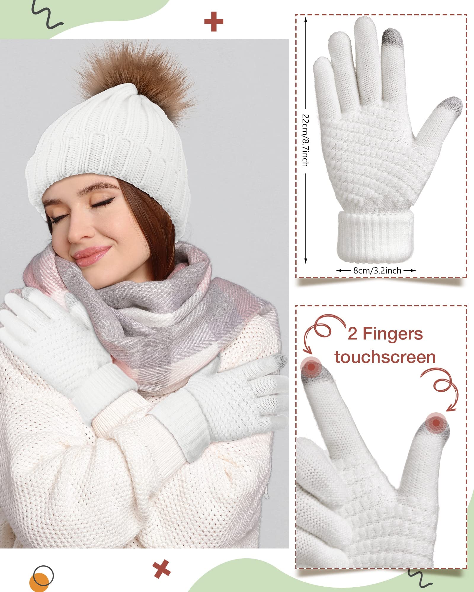 SATINIOR 6 Pcs Winter Beanie Hat Scarf Gloves Set for Women, Knitted Beanie with Pom Pom Neck Warmer Touchscreen Gloves Set(Gray, White)