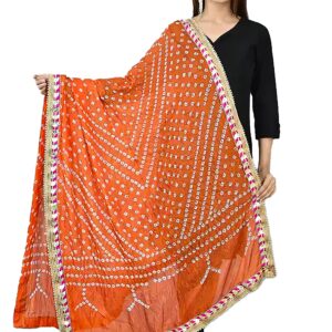 SAHIBA Handicraft India Women's Tafeta Silk Dupatta Bandhani Bandhej Jaipuri Rajasthani Dupatta (Orange), 2.25 Meters ( 88 x 42 Inches)