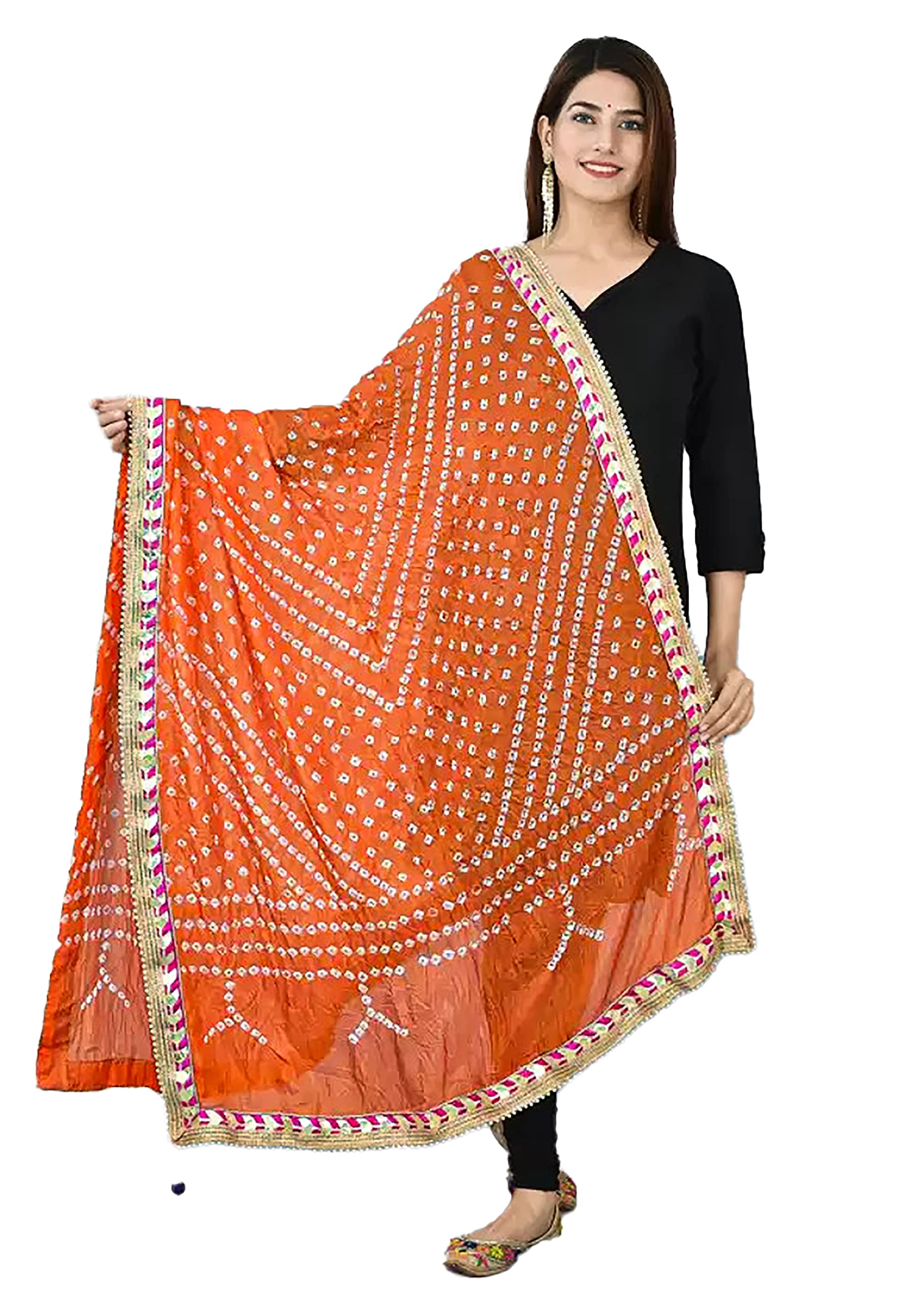 SAHIBA Handicraft India Women's Tafeta Silk Dupatta Bandhani Bandhej Jaipuri Rajasthani Dupatta (Orange), 2.25 Meters ( 88 x 42 Inches)