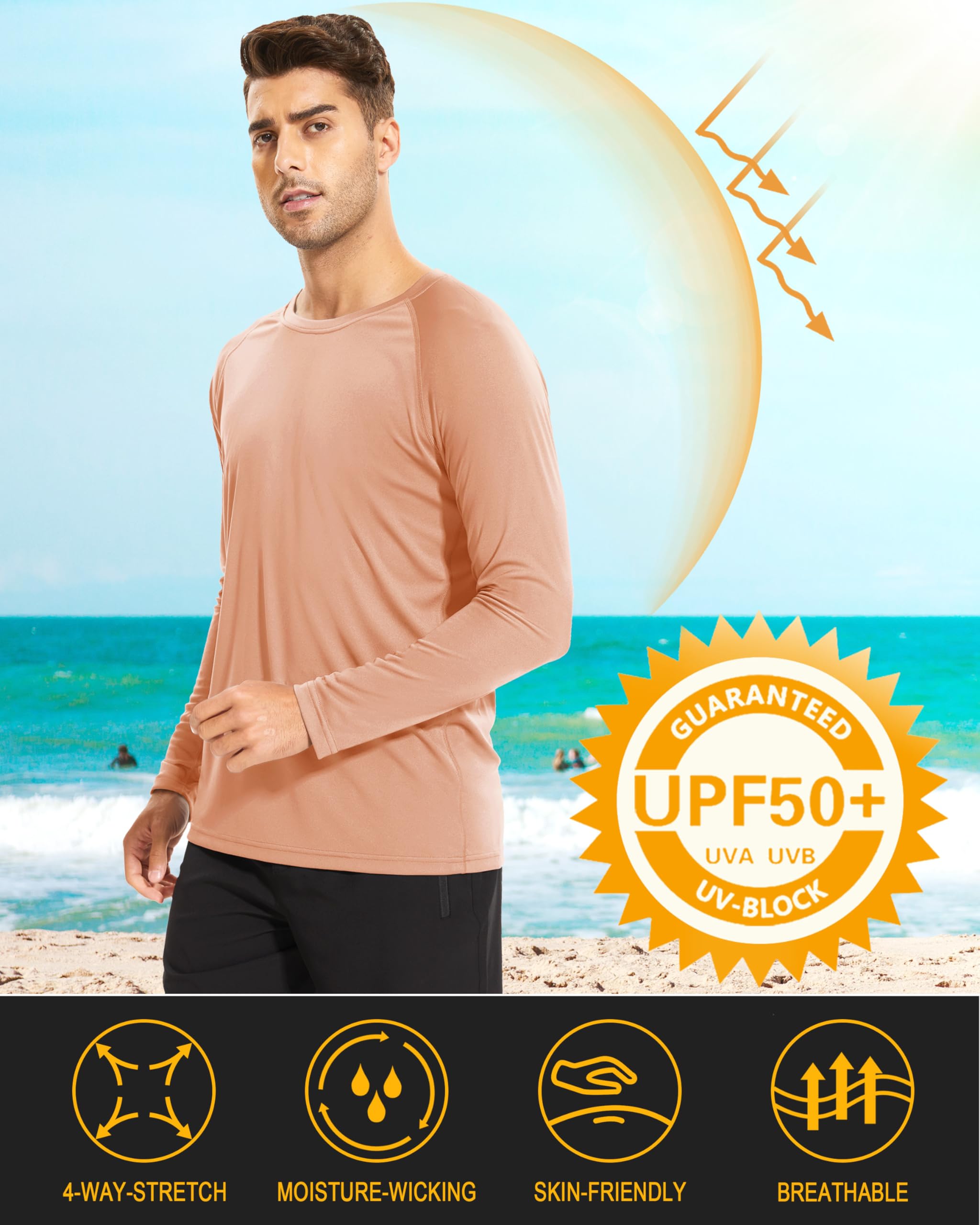 Rashguard Shirts for Men Long Sleeve Sun Protection Shirts Athletic T-Shirt Cycling Shirts Outdoor Shirts Men Camping Shirts Hiking Shirts for Men Apricot