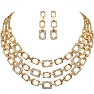 S SUSANN Chunky Collar Choker Necklace Costume Jewelry Sets for Women,Multilayered Square Link Chain Necklace and Earrings Set Perfect for Parties Weddings and Festivals