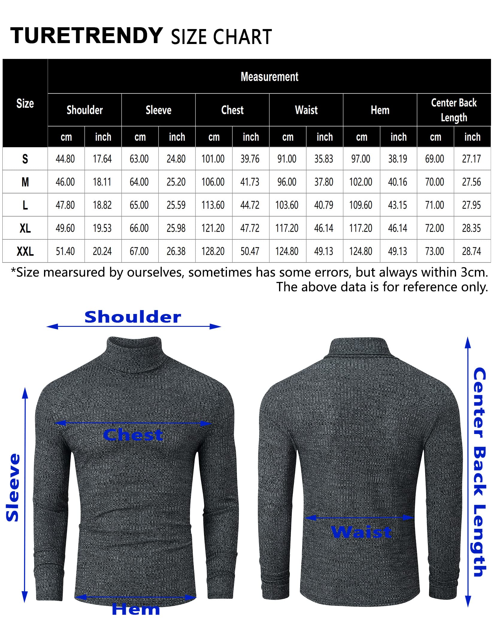 TURETRENDY Men's Stretch Muscle Tshirts Turtleneck Long Sleeve Knit Tees Casual Slim Fit Basic Shirt Tops Dark Gray M