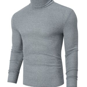 TURETRENDY Men's Stretch Muscle Tshirts Turtleneck Long Sleeve Knit Tees Casual Slim Fit Basic Shirt Tops Gray S