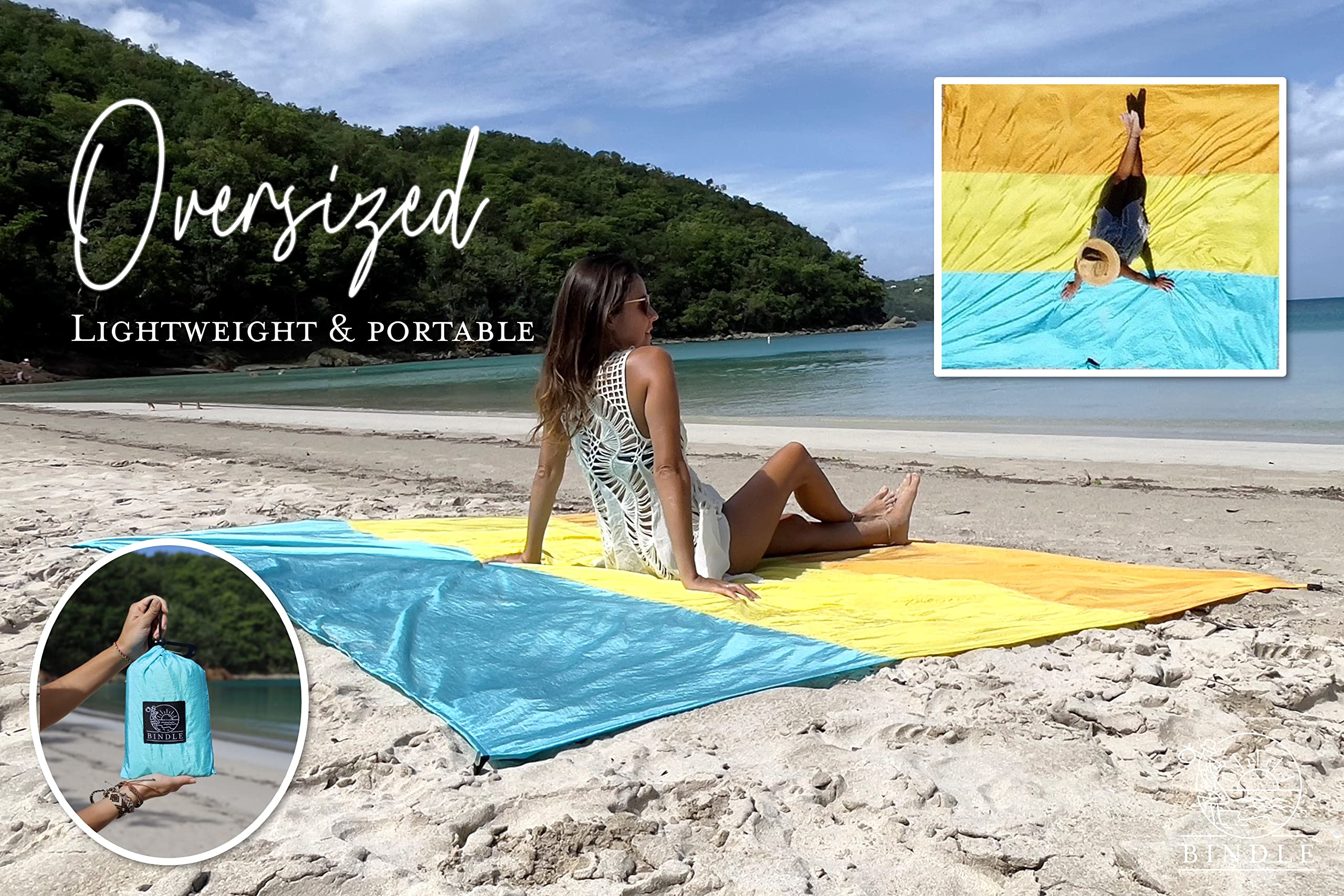 BINDLE Eco-Beach Blanket 84"x80" Large, Recycled Lightweight Material, Sand Free Water Resistant Sandproof, Oversized Portable Picnic Mat for Outdoors Camping Travel, Beach Vibes