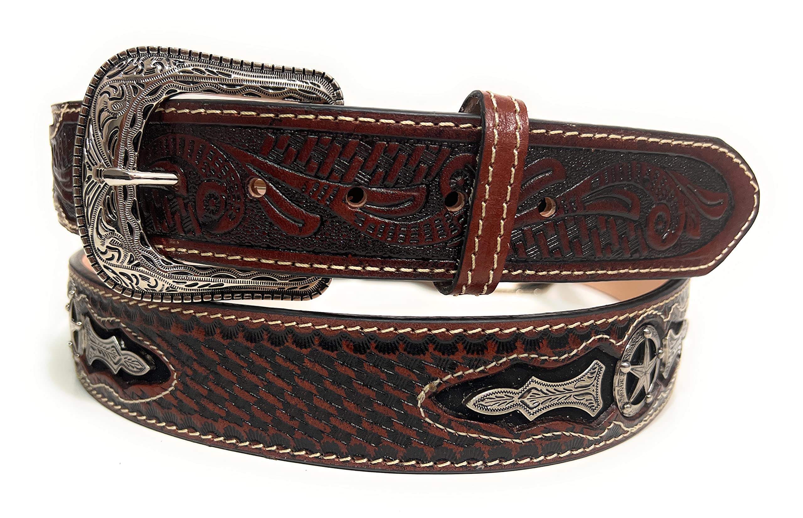 1 3/4" Wide Genuine Leather Western Style Leather Belt, Cowboy Rodeo Concho Ranger Style Belt (Brown, 32)