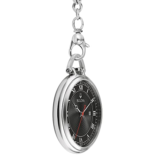 Bulova Classic Pocket Watch 3-Hand Date Quartz Stainless Steel, Black Dial with Detachable Chain Style: 96B308