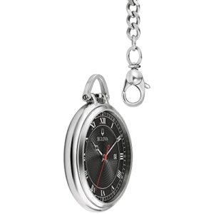 Bulova Classic Pocket Watch 3-Hand Date Quartz Stainless Steel, Black Dial with Detachable Chain Style: 96B308