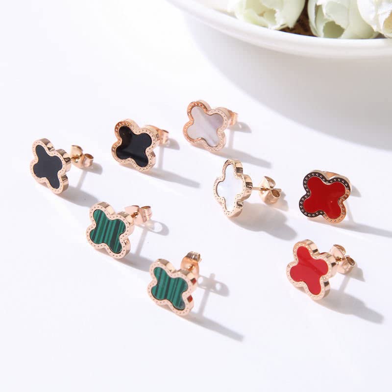 Four Leaf Clover Earrings for Women 18K Rose Gold Plated Stainless Steel Lucky 4 Leaf Ear Studs Jewelry Gift for Mother and Daughter (White & Rose Gold)