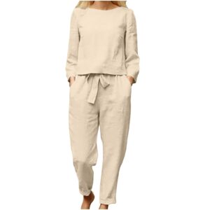 HGps8w Women's Cotton Linen Two Piece Outfits Summer Loose 3/4 Sleeve Oversized Top and Cropped Pants Set Casual Tracksuit