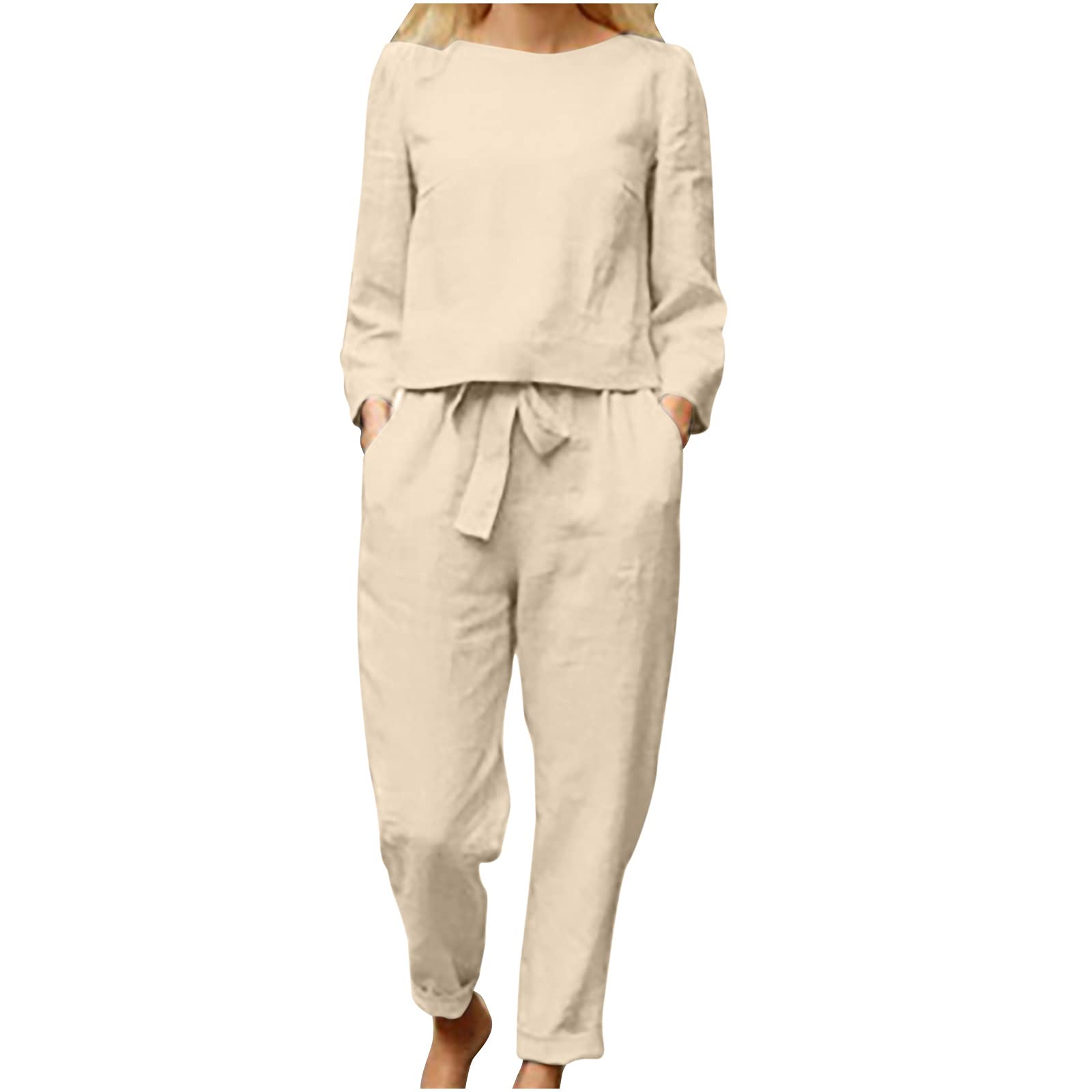 HGps8w Women's Cotton Linen Two Piece Outfits Summer Loose 3/4 Sleeve Oversized Top and Cropped Pants Set Casual Tracksuit