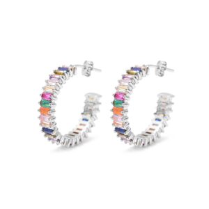 savlano 14k gold plated cubic zirconia multicolor rainbow round hoop stud earrings for women comes with a gift box (white)